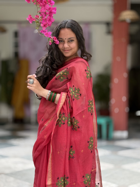 RED KOTA COTTON HAND EMBROIDERED SARI