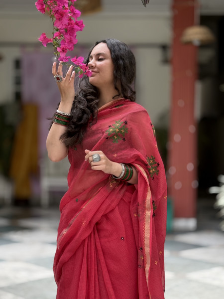 RED KOTA COTTON HAND EMBROIDERED SARI