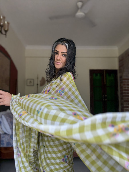 LIME GREEN GINGHAM CHECKS WITH HAND PAINTING MULMUL COTTON SARI