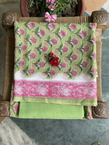 LIME GREEN-OFF WHITE HAND BLOCK PRINT KOTA DUPATTA SET