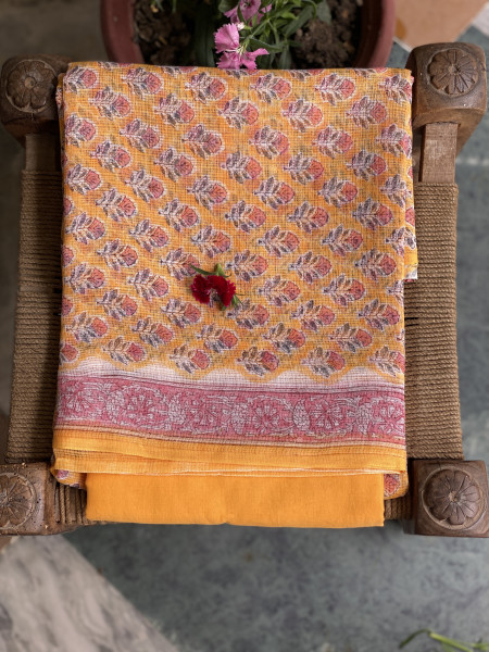 YELLOW-OFF WHITE HAND BLOCK PRINT KOTA DUPATTA SET