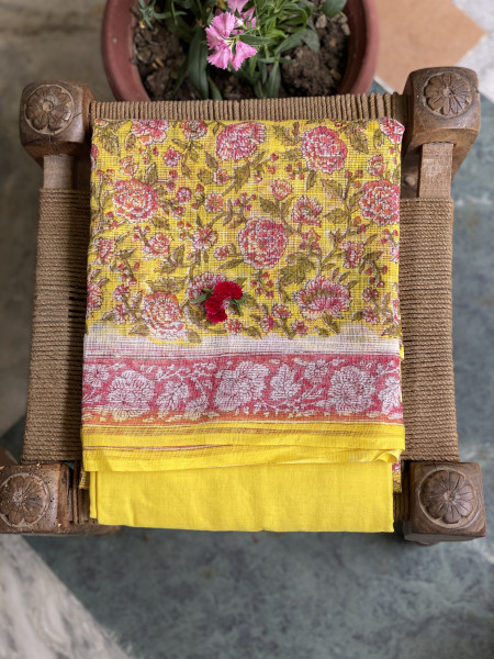 YELLOW-OFF WHITE HAND BLOCK PRINT KOTA DUPATTA SET