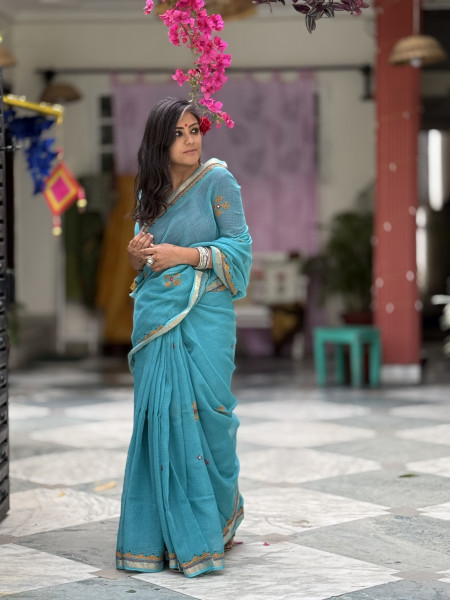 AQUA KOTA COTTON HAND EMBROIDERED SARI