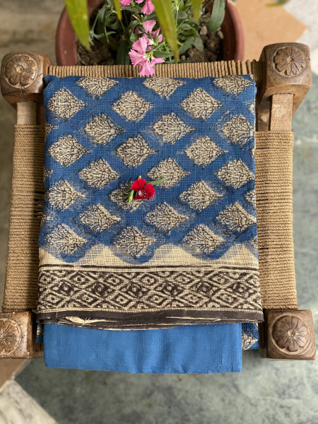 BLUE-BEIGE HAND BLOCK "BAGH" PRINT KOTA DUPATTA SET