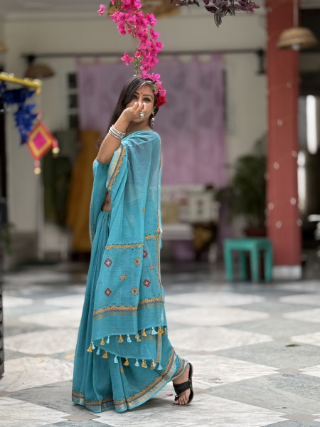 AQUA KOTA COTTON HAND EMBROIDERED SARI