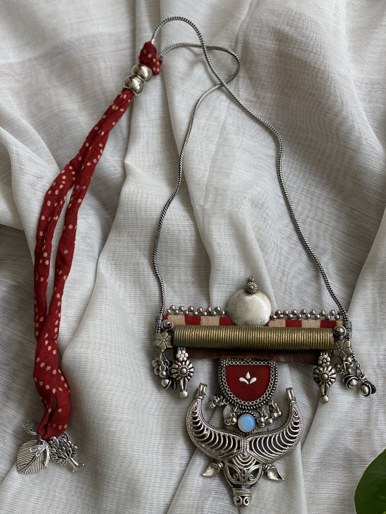 Image of BRASS &amp; FABRIC Handcrafted LONG NECKLACE