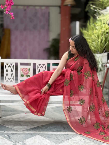 RED KOTA COTTON HAND EMBROIDERED SARI