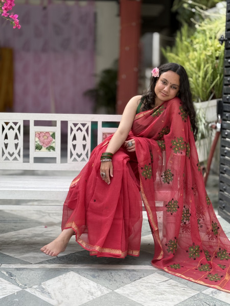 RED KOTA COTTON HAND EMBROIDERED SARI