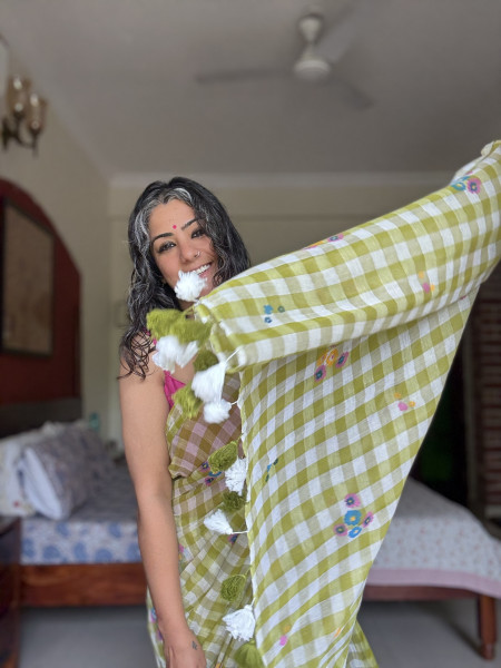 LIME GREEN GINGHAM CHECKS WITH HAND PAINTING MULMUL COTTON SARI