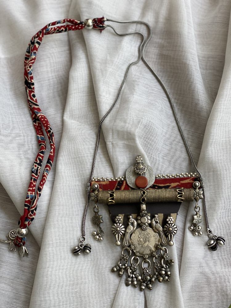 Image of BRASS &amp; FABRIC Handcrafted LONG NECKLACE