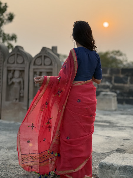 RED KOTA COTTON HAND EMBROIDERED SARI