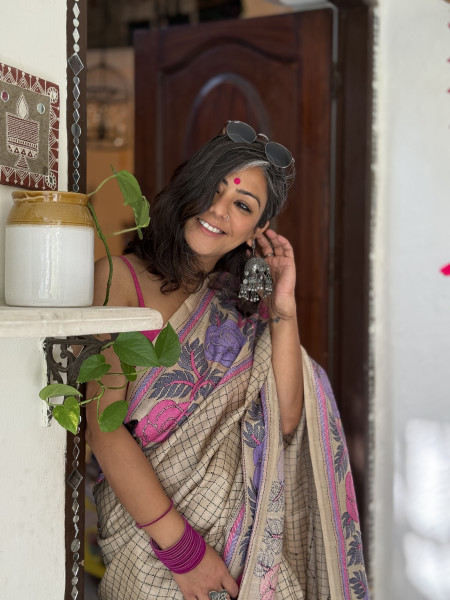 BEIGE KANTHA HAND EMBROIDERED TUSSAR  SILK SARI