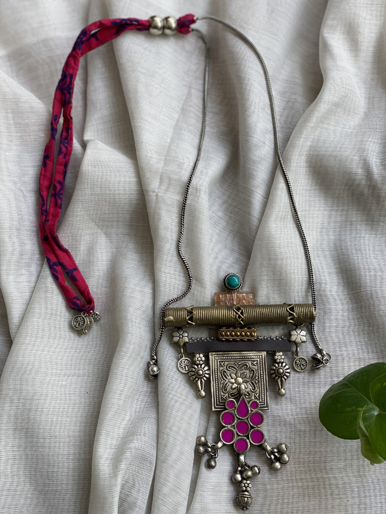 Image of BRASS &amp; FABRIC Handcrafted LONG NECKLACE