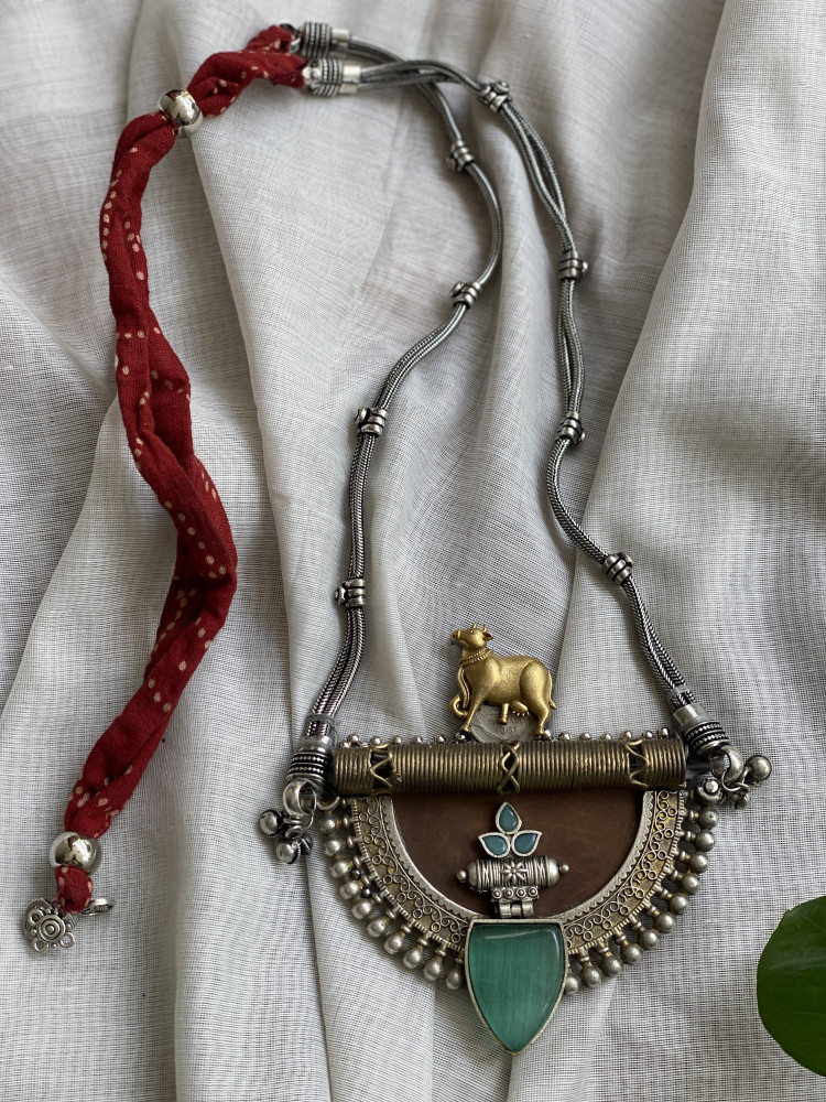 Image of BRASS &amp; FABRIC Handcrafted LONG NECKLACE