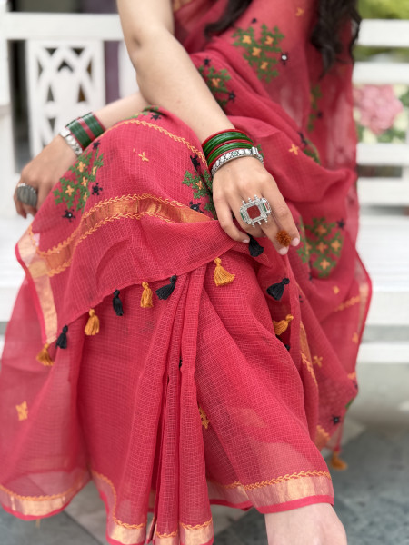 RED KOTA COTTON HAND EMBROIDERED SARI