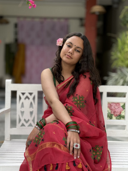 RED KOTA COTTON HAND EMBROIDERED SARI