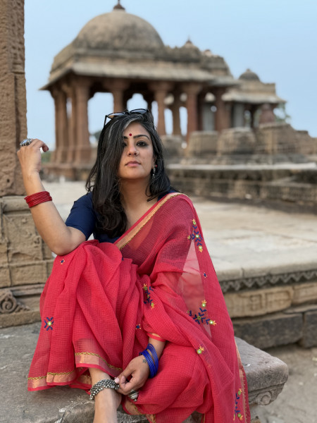 RED KOTA COTTON HAND EMBROIDERED SARI