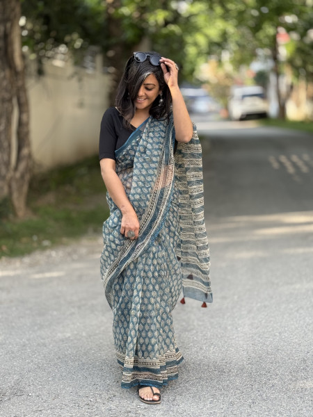 INDIGO HAND BLOCK PRINT COTTON KOTA SARI