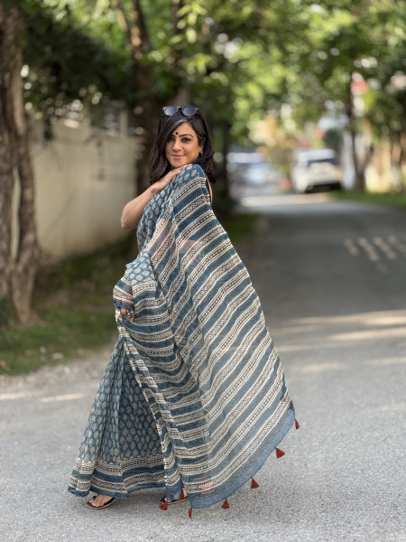 INDIGO HAND BLOCK PRINT COTTON KOTA SARI