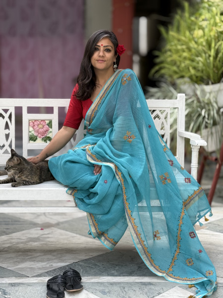 AQUA KOTA COTTON HAND EMBROIDERED SARI