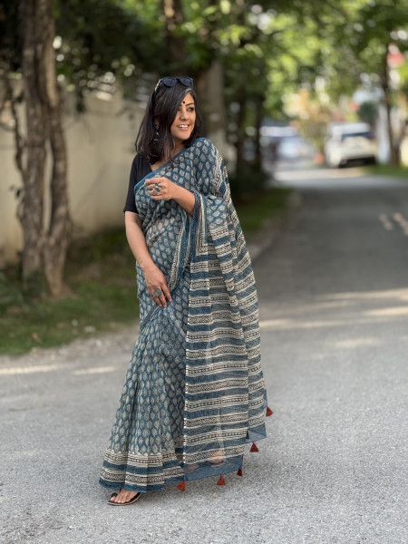 INDIGO HAND BLOCK PRINT COTTON KOTA SARI