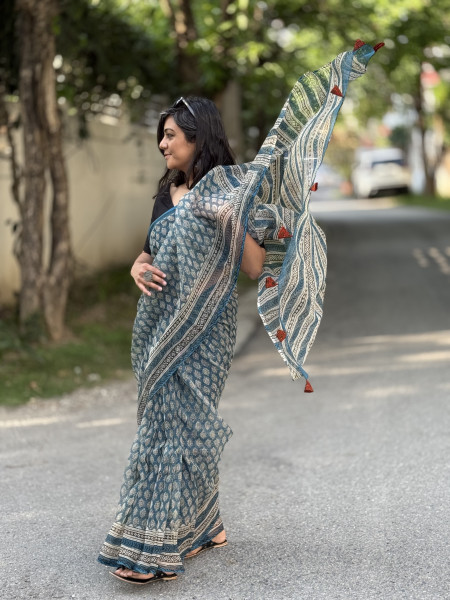 INDIGO HAND BLOCK PRINT COTTON KOTA SARI