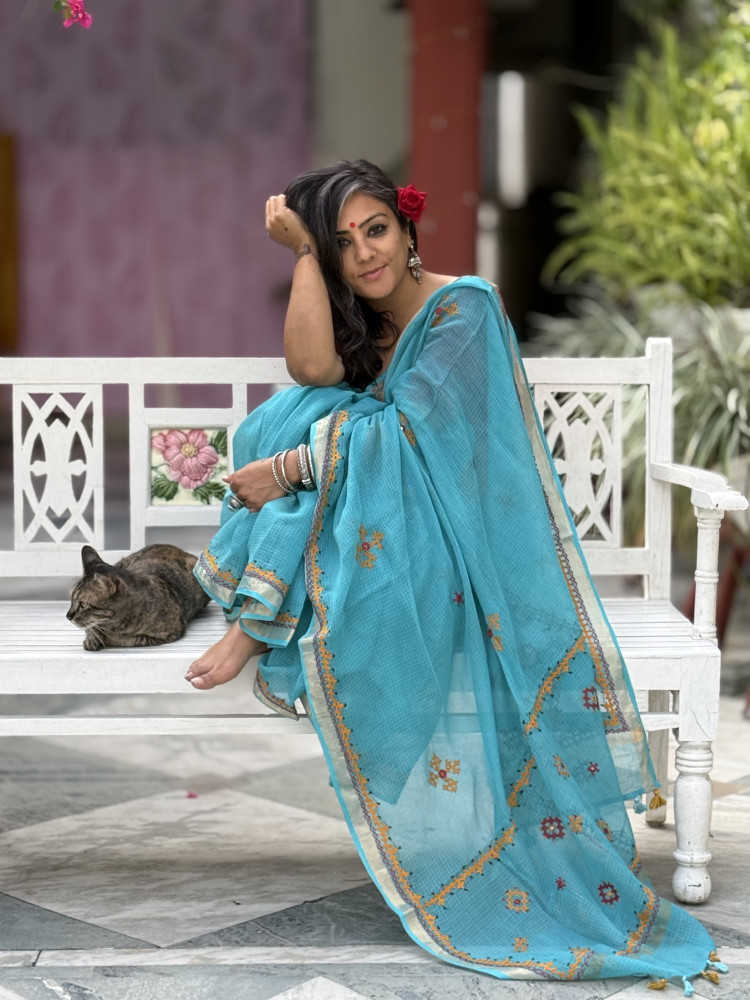 Image of AQUA KOTA COTTON HAND EMBROIDERED SARI