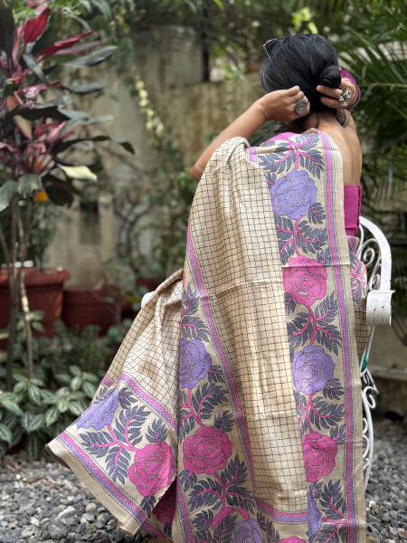 BEIGE KANTHA HAND EMBROIDERED TUSSAR  SILK SARI