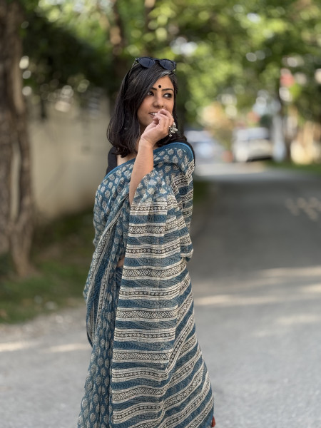 INDIGO HAND BLOCK PRINT COTTON KOTA SARI