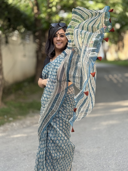 INDIGO HAND BLOCK PRINT COTTON KOTA SARI