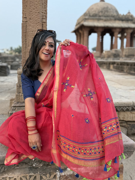 RED KOTA COTTON HAND EMBROIDERED SARI