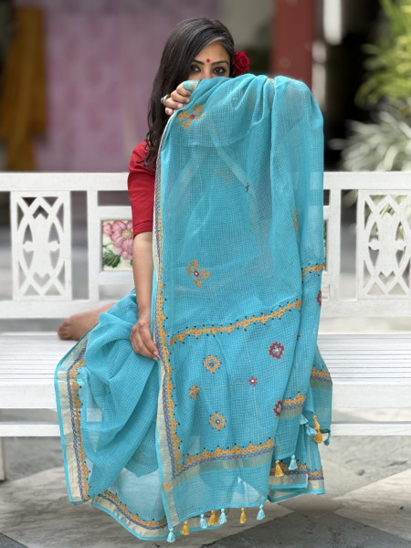 AQUA KOTA COTTON HAND EMBROIDERED SARI