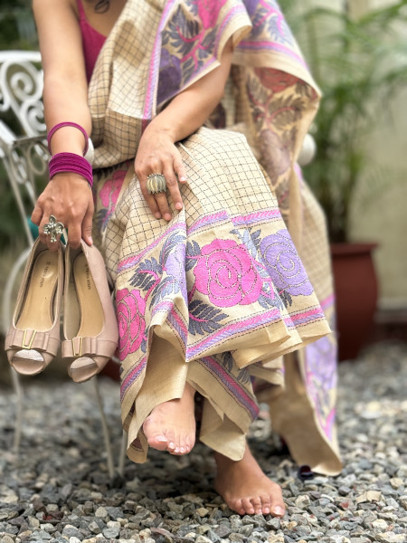 BEIGE KANTHA HAND EMBROIDERED TUSSAR  SILK SARI