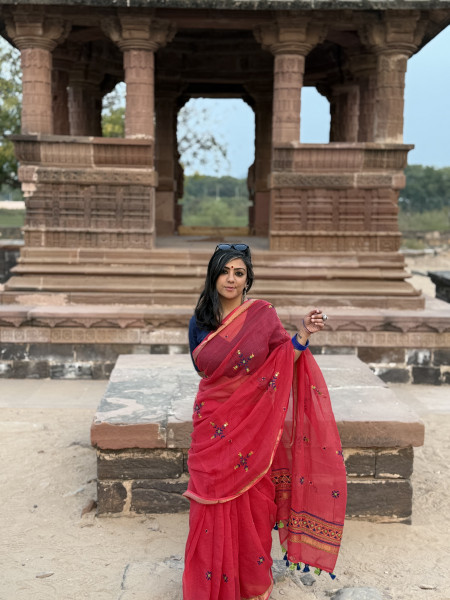RED KOTA COTTON HAND EMBROIDERED SARI