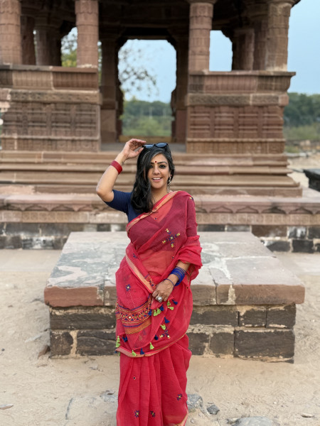 RED KOTA COTTON HAND EMBROIDERED SARI