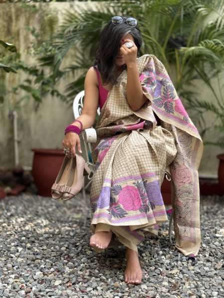 BEIGE KANTHA HAND EMBROIDERED TUSSAR  SILK SARI