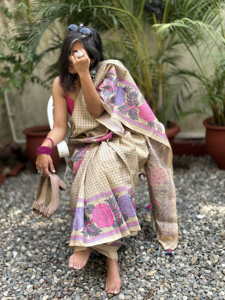 BEIGE KANTHA HAND EMBROIDERED TUSSAR  SILK SARI