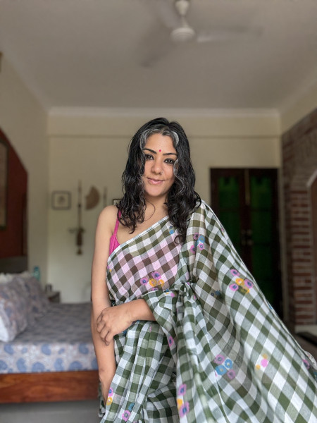 BOTTLE GREEN GINGHAM CHECKS WITH HAND PAINTING MULMUL COTTON SARI