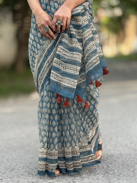 INDIGO HAND BLOCK PRINT COTTON KOTA SARI