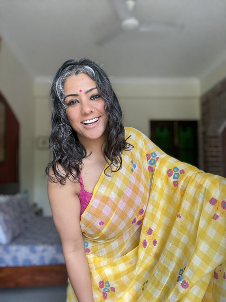 YELLOW GINGHAM CHECKS WITH HAND PAINTING MULMUL COTTON SARI
