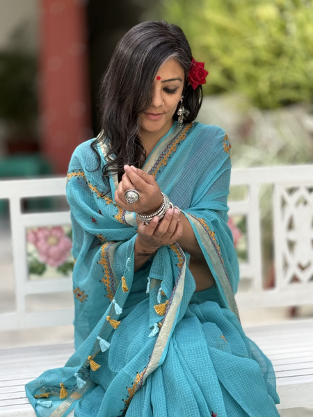 AQUA KOTA COTTON HAND EMBROIDERED SARI