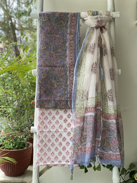 GREYISH BLUE & OFF WHITE HAND BLOCK PRINT KOTA DUPATTA SET