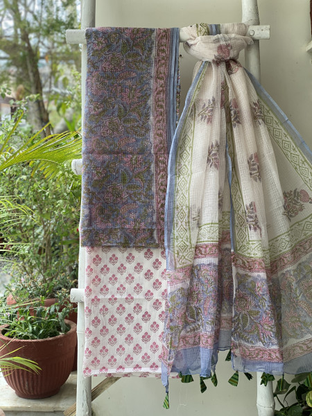 GREYISH BLUE & OFF WHITE HAND BLOCK PRINT KOTA DUPATTA SET