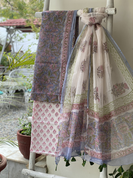 GREYISH BLUE & OFF WHITE HAND BLOCK PRINT KOTA DUPATTA SET