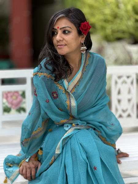 AQUA KOTA COTTON HAND EMBROIDERED SARI