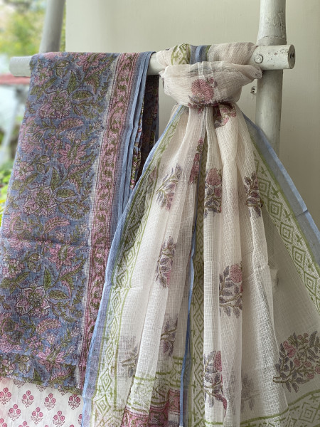 GREYISH BLUE & OFF WHITE HAND BLOCK PRINT KOTA DUPATTA SET