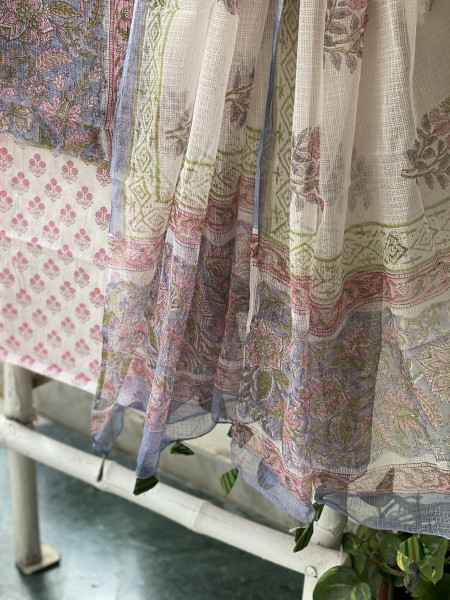 GREYISH BLUE & OFF WHITE HAND BLOCK PRINT KOTA DUPATTA SET
