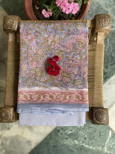 GREYISH BLUE & OFF WHITE HAND BLOCK PRINT KOTA DUPATTA SET