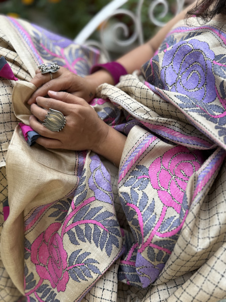 BEIGE KANTHA HAND EMBROIDERED TUSSAR  SILK SARI