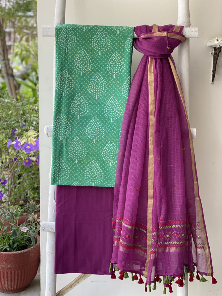 GREEN & WINE PHULWARI HAND EMBROIDERED KOTA DUPATTA SET